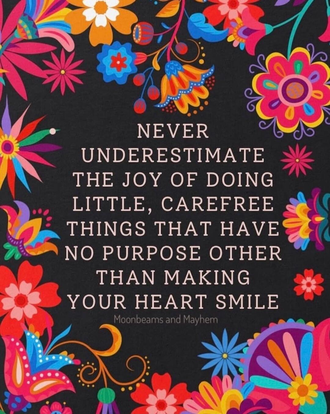 NEVER UNDERESTIMATE THE JOY OF DOING LITTLE, CAREFREE THINGS THAT HAVE NO PURPOSE OTHER THAN MAKING YOUR HEART SMILE