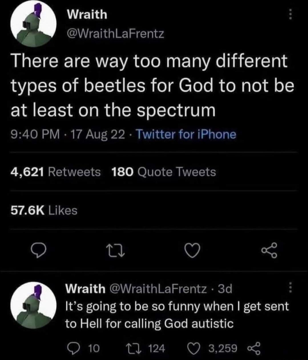 Wraith WraithLaFrentz There are way too many different types of beetles for God to not be at least on the spectrum 940 PM 17 Aug 22 Twitter for iPhone L XV ERTEETER 1o NN CR I LY A1 QRIEE Q T V 3 Wraith WraithLaFrentz 3d Its going to be so funny when get sent 4 to Hell for calling God autistic R1 n 124 Q 3259