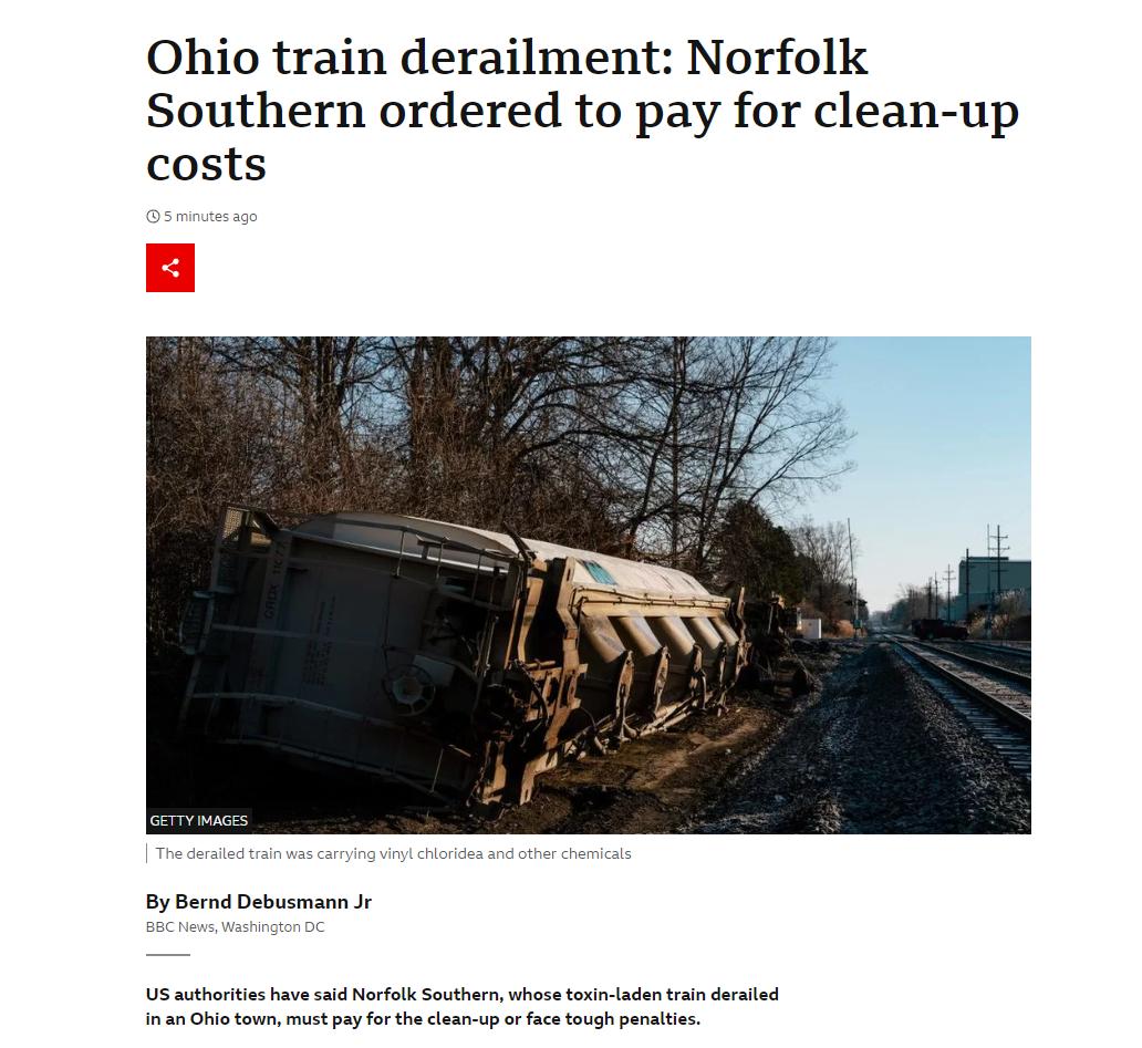 Ohio train derailment Norfolk Southern ordered to pay for clean up costs