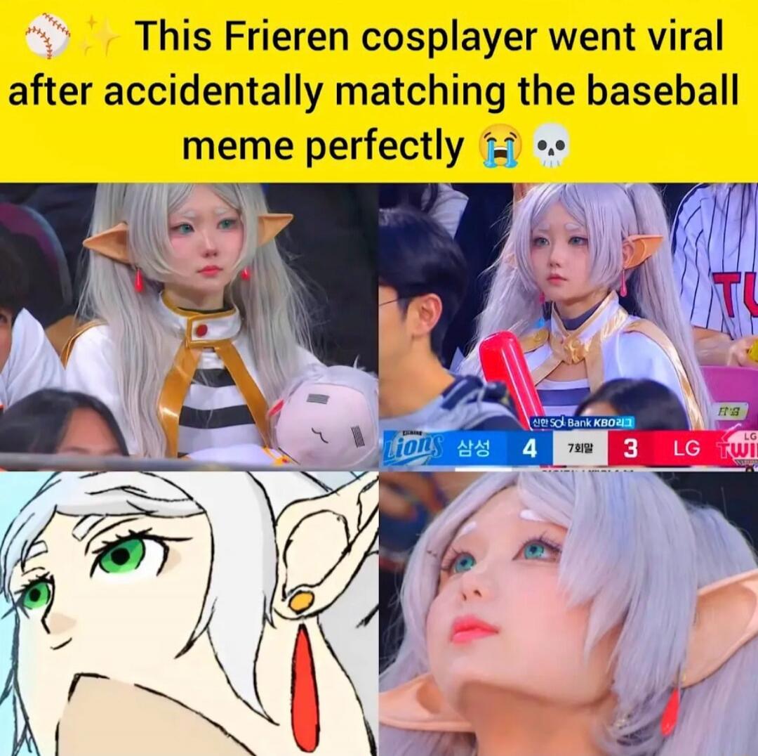 This Frieren cosplayer went viral after accidentally matching the baseball meme perfectly 😭💀
