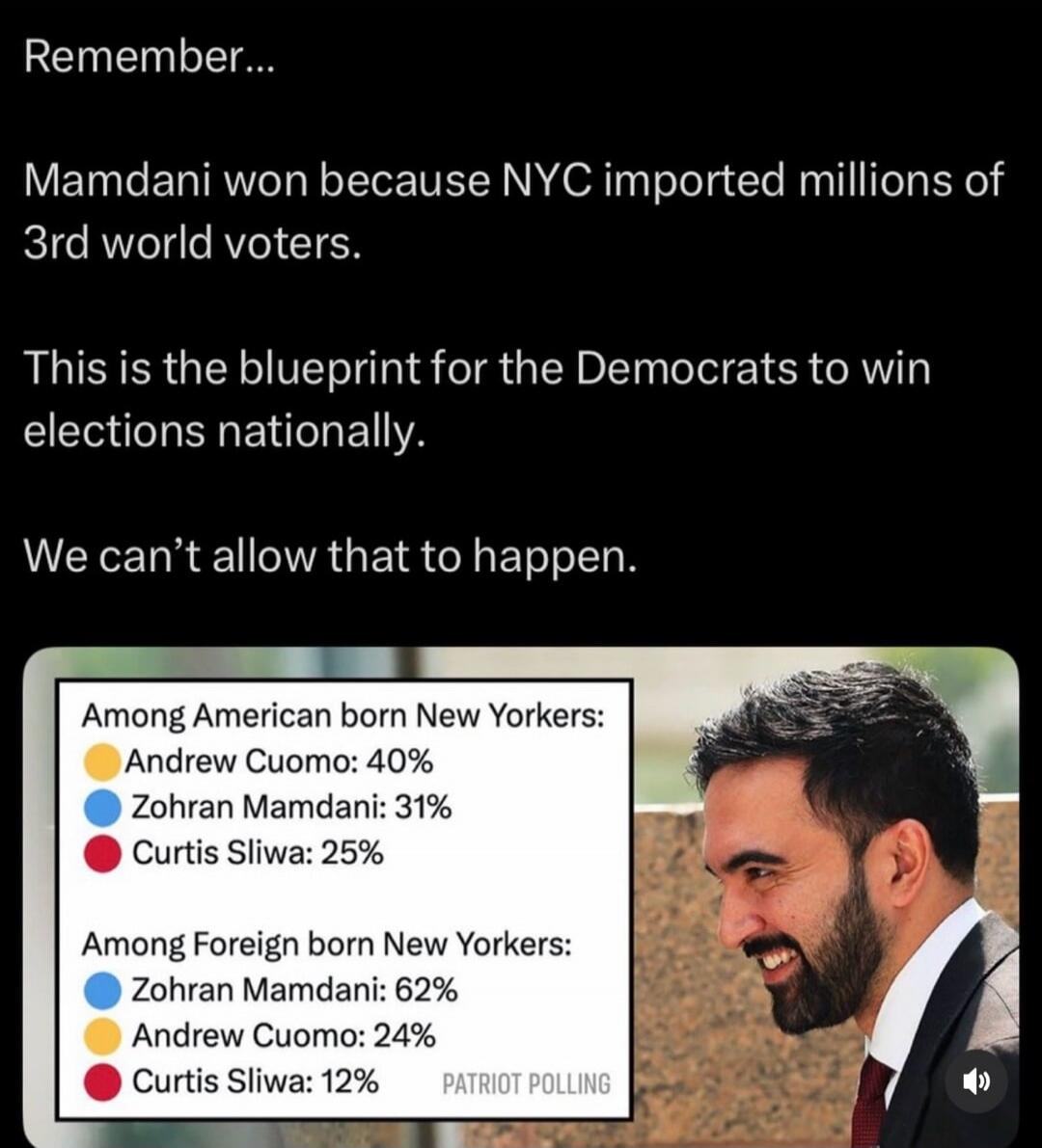 Remember...

Mamdani won because NYC imported millions of 3rd world voters.

This is the blueprint for the Democrats to win elections nationally.

We can't allow that to happen.

Among American born New Yorkers: Andrew Cuomo: 40%
Zohren Mamdani: 31%
Curtis Sliwa: 25%
Among Foreign born New Yorkers: Zohren Mamdani: 62%
Andrew Cuomo: 24%
Curtis Sliwa