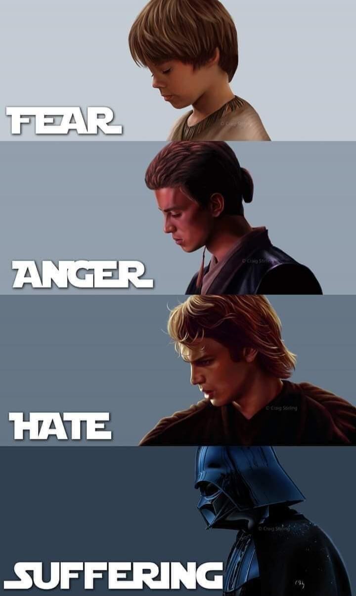 FEAR, ANGER, HATE, SUFFERING. The image depicts Anakin Skywalker's transformation from a young boy to Darth Vader, with each stage labeled with an emotion: Fear, Anger, Hate, and finally Suffering.