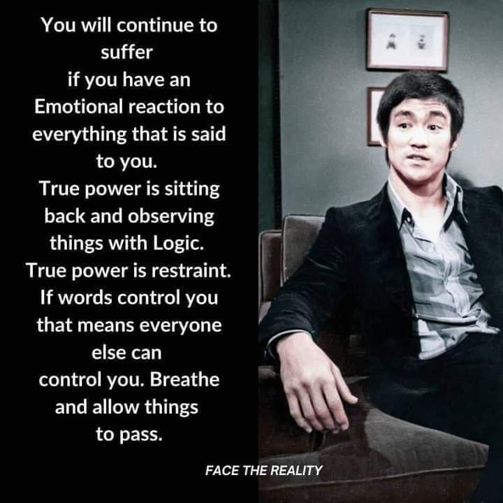 You will continue to suffer if you have an Emotional reaction to everything that is said to you True power is sitting back and observing things with Logic True power is restraint If words control you that means everyone 4 else can control you Breathe and allow things to pass ead FACE THE REALITY e