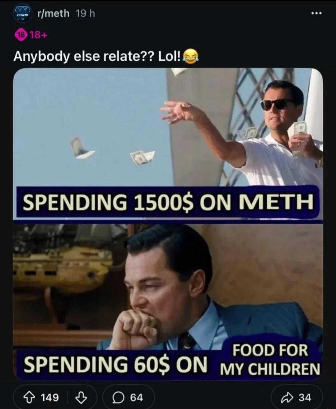 rjmeth 19h O Anybody else relate Lol SPENDING 1500 ON MIETH f e W 2 FOOD FOR SPENDING 60 ON My CHILDREN 34 Cu O oX7