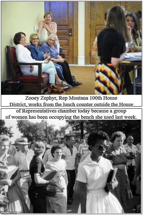 Zooey Zephyr Rep Montana 100th House 1 works from the lunch counter outside the House of Represenfatives chamber foday because a group of women has been occupying the bench she used last week