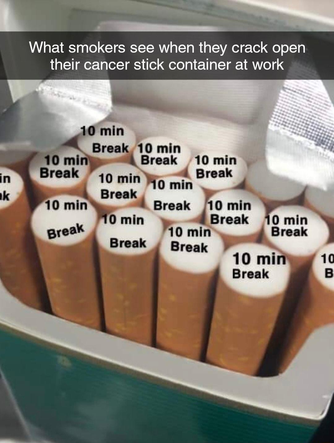 What smokers see when they crack open their cancer stick container at work 10 min 10 min o preak 0 mi A Break 10 min 4 Break 10 min Y5 i n Rl r Break 10 min dBreak 10 min 10 min 4 Break