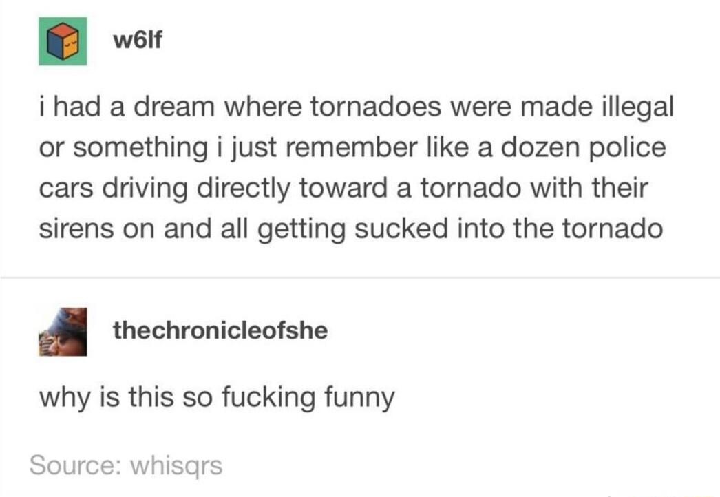 v ihad a dream where tornadoes were made illegal or something i just remember like a dozen police cars driving directly toward a tornado with their sirens on and all getting sucked into the tornado Ml thechronicleotshe why is this so fucking funny Source whisqrs