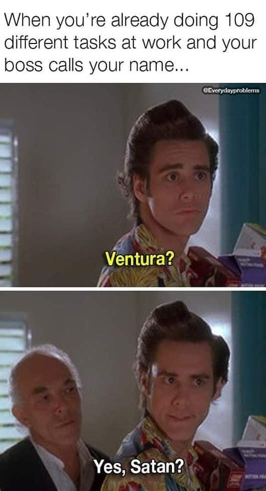 When youre already doing 109 different tasks at work and your boss calls your name Everydayproblems _ y 3 v y o Ventura 2 r Yes Satan