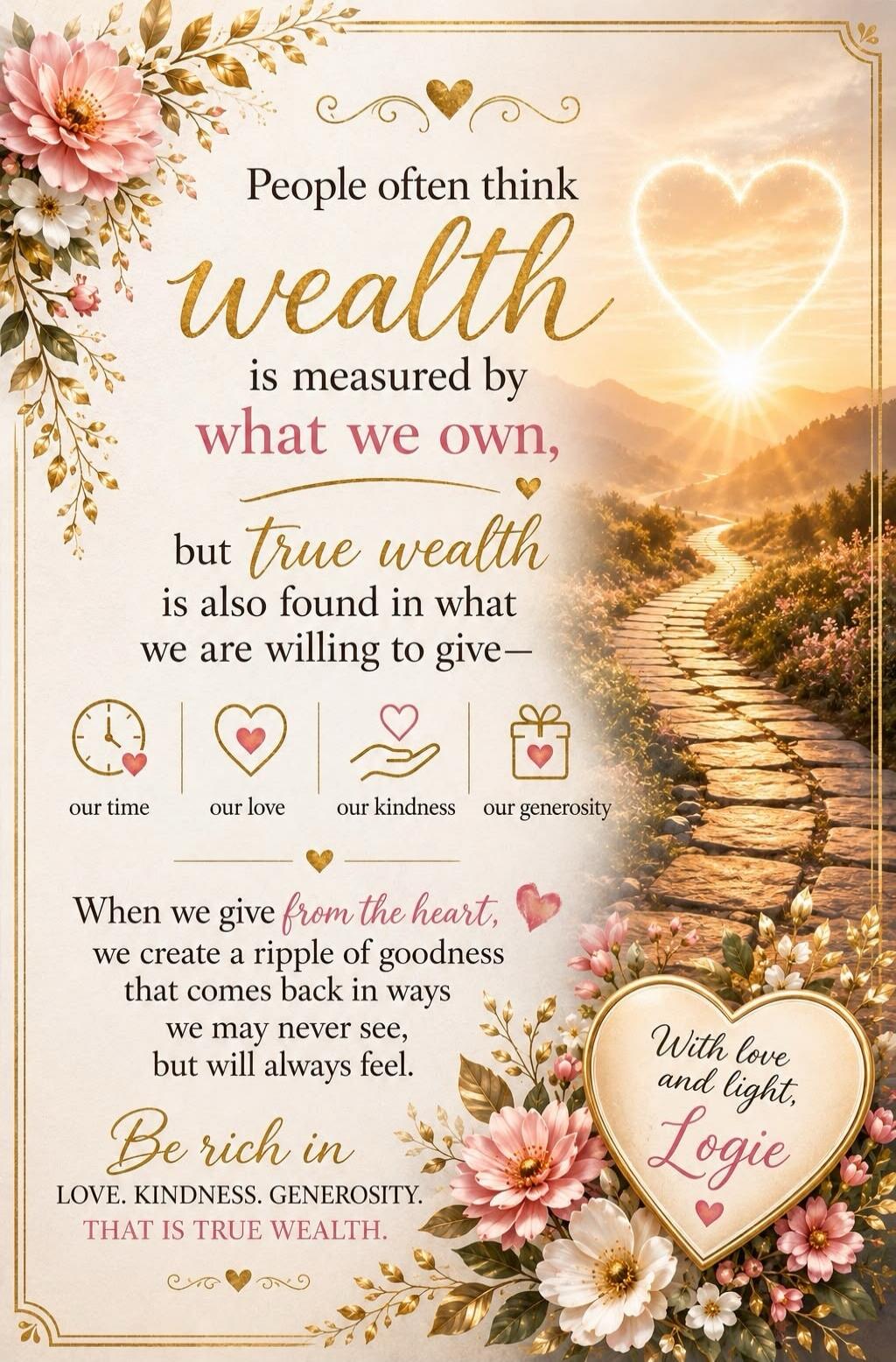 People often think wealth is measured by what we own, but true wealth is also found in what we are willing to give— our time, our love, our kindness, our generosity. When we give from the heart, we create a ripple of goodness that comes back in ways we may never see, but will always feel. Be rich in LOVE. KINDNESS. GENEROSITY. THAT IS TRUE WEALTH. 