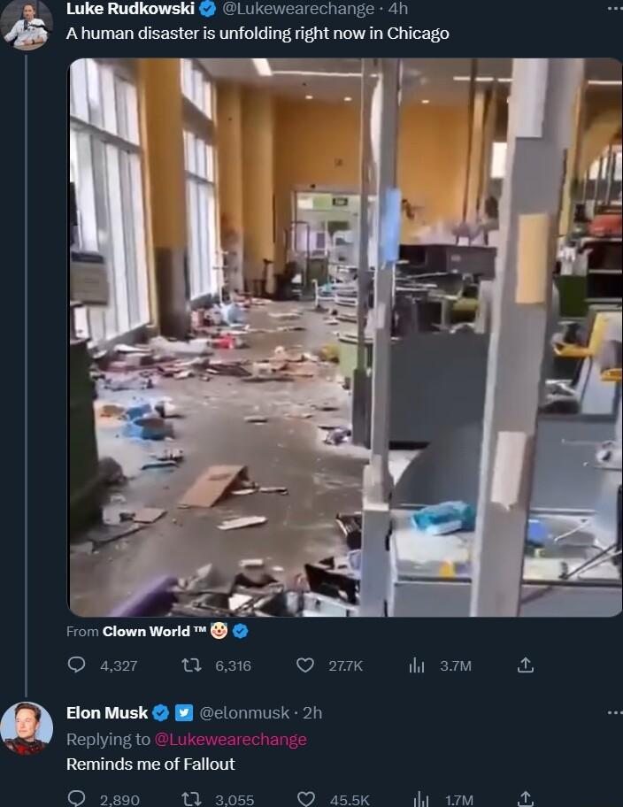 Luke Rudkowski lukewearechange 4h i s g h o 1 Crikeogs Fror Clown World asr Weas Ok ham Elon Musk B clonmusk 21 Replying to Reminds me of Fallout O 5890 1t 2086 assk i oA