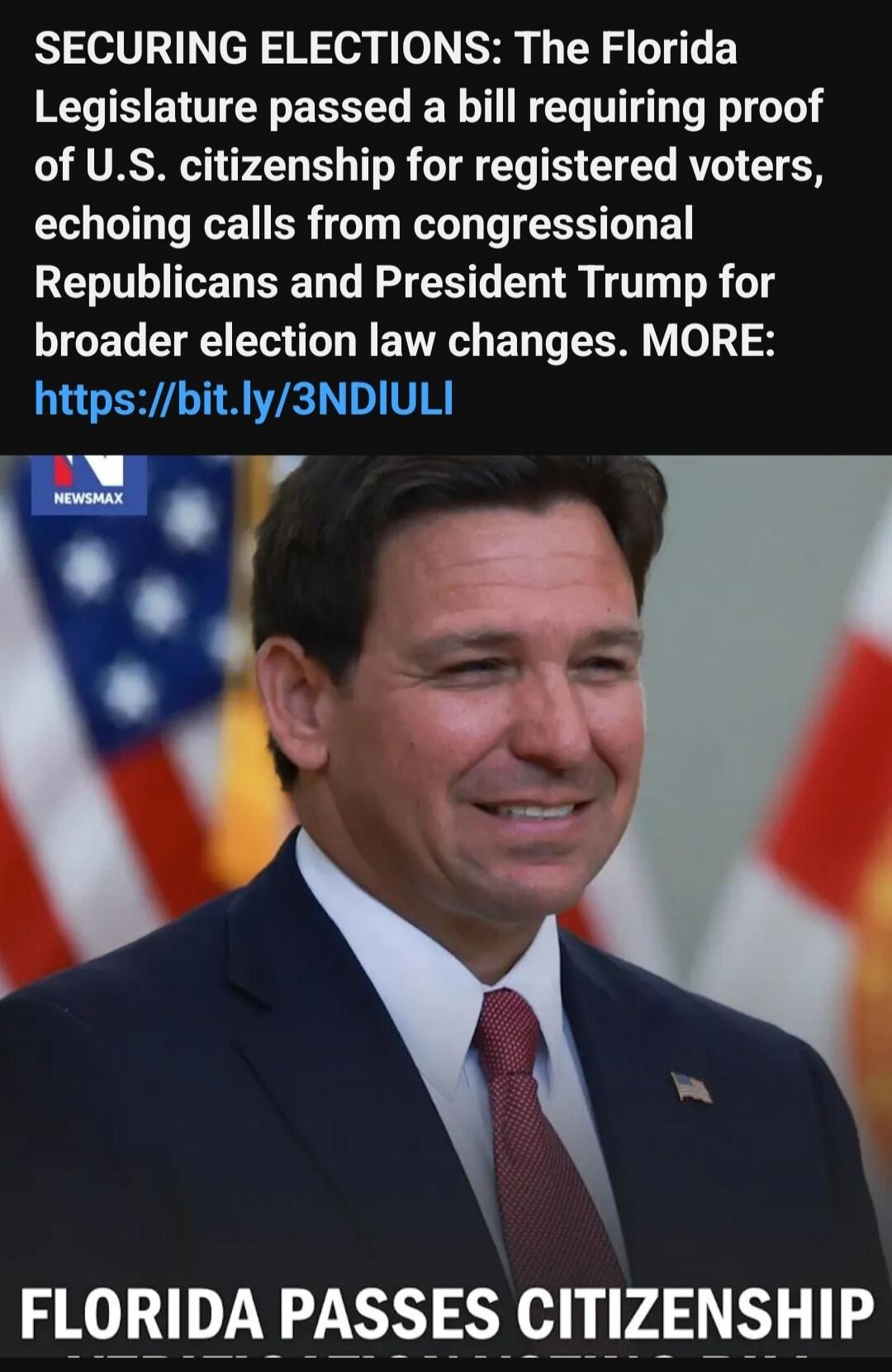 SECURING ELECTIONS: The Florida Legislature passed a bill requiring proof of U.S. citizenship for registered voters, echoing calls from congressional Republicans and President Trump for broader election law changes. MORE: https://bit.ly/3NDIULI FLORIDA PASSES CITIZENSHIP
