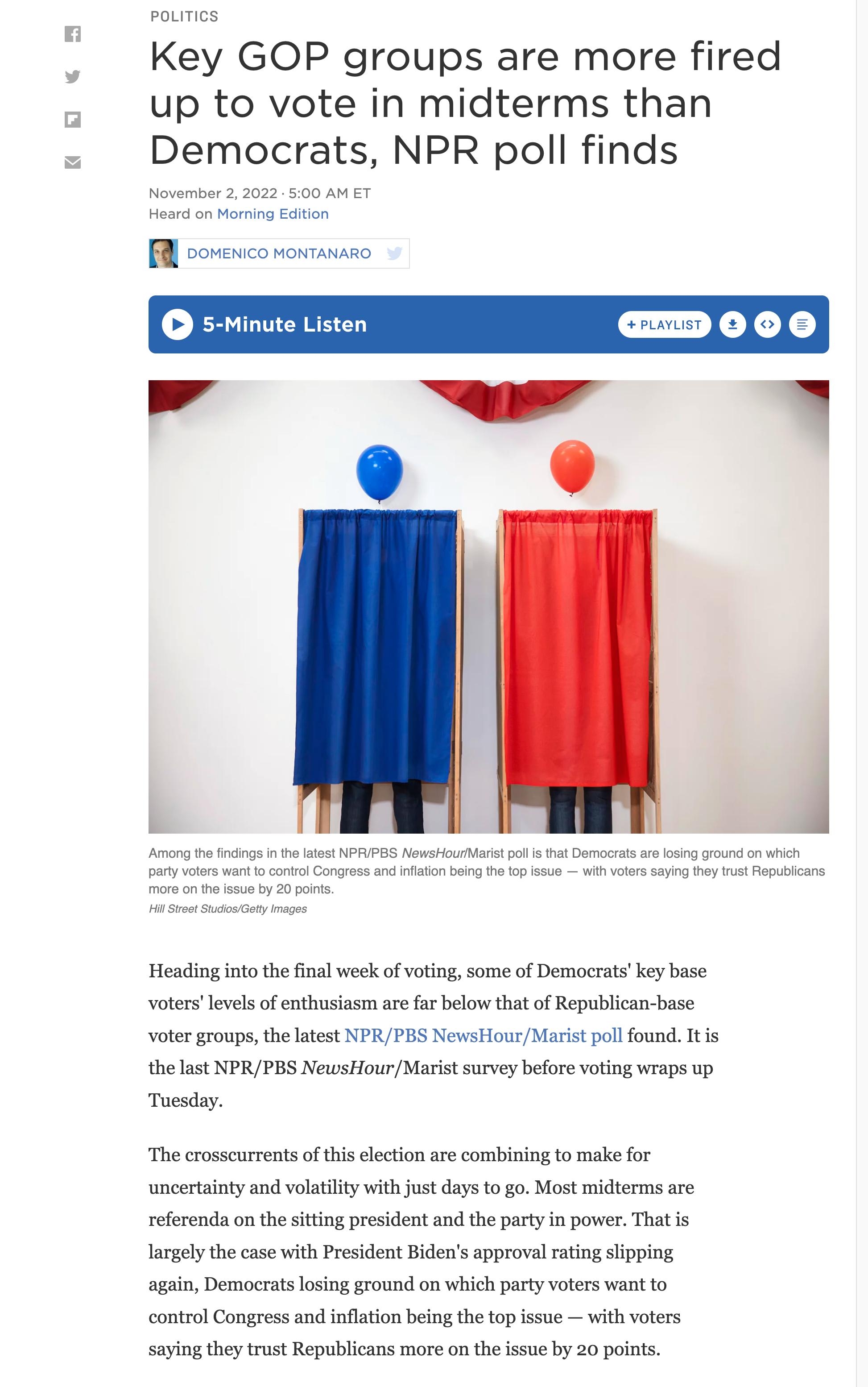 Key GOP groups are more fired up to vote in midterms than Democrats NPR poll finds e L o o Heading ntothefinalweek ofvoting some of Democrats ey base Votersleelsof enthusiam aee fr below that of Republcan bise Voteegroups the laest NP the st NPRPBS News HourMarist survey before votng wraps Tucsday e Maristpol found T The crosscusents ofthis election arecombining t make or uncerainy and volatlity w