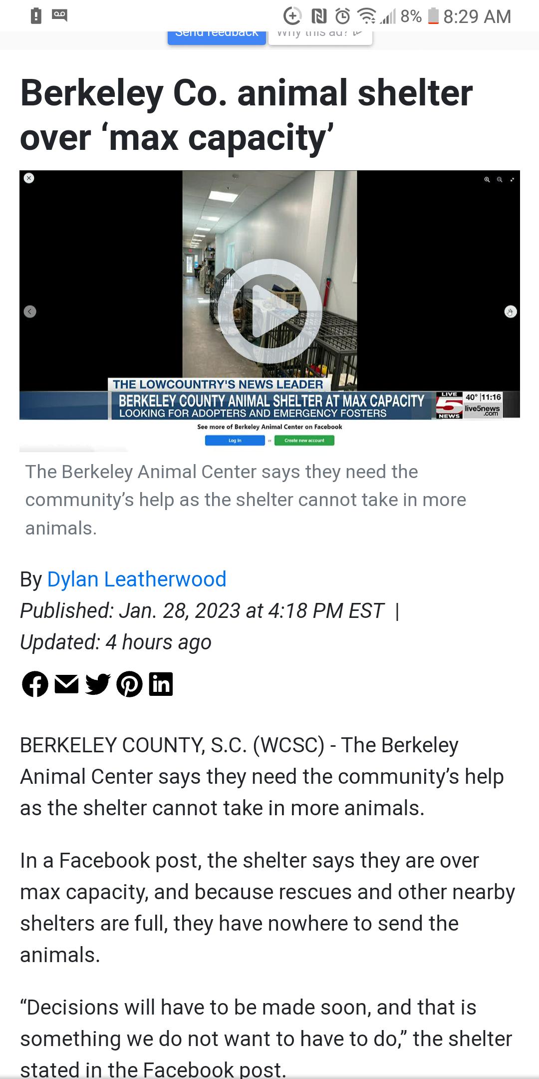 o CNBE 18 1829 AM Berkeley Co animal shelter over max capacity BERKELEY COUNTY ANIMAL SHELTER they need the help as the shelter cannot take in more animals By Dylan Leatherwood Published Jan 28 2023 at 418 PM EST Updated 4 hours ago ONYRMn BERKELEY COUNTY SC WCSC The Berkeley Animal Center says they need the communitys help as the shelter cannot take in more animals In a Facebook post the shelter 