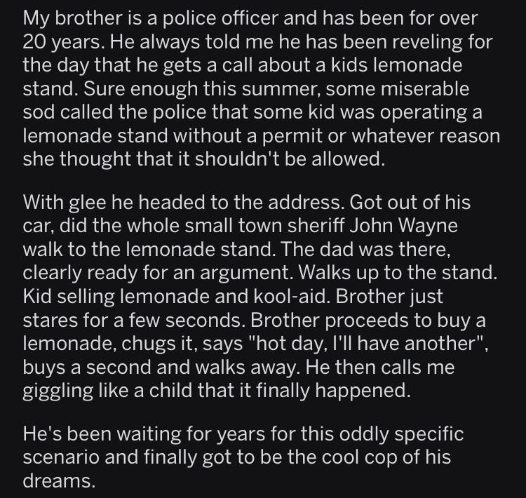 B 2Awards My brother is a police officer and has been for over 20 years He always told me he has been reveling for LUEECERGEIG GS Tl E Ty bl El stand Sure enough this summer some miserable sod called the police that some kid was operating a lemonade stand without a permit or whatever reason she thought that it shouldnt be allowed With glee he headed to the address Got out of his EIA R G LR RS BRIV