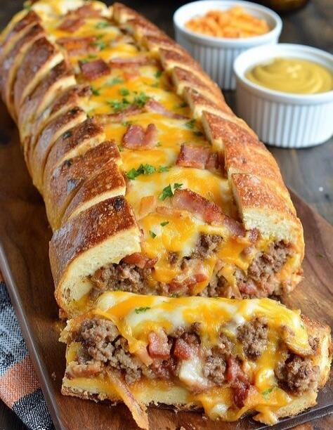 A close-up shot of a delicious-looking stuffed bread loaf, sliced to reveal a filling of ground meat, melted cheese, and bacon bits. The bread is golden brown and garnished with fresh herbs. Two small white bowls with sauces or toppings are visible in the background.