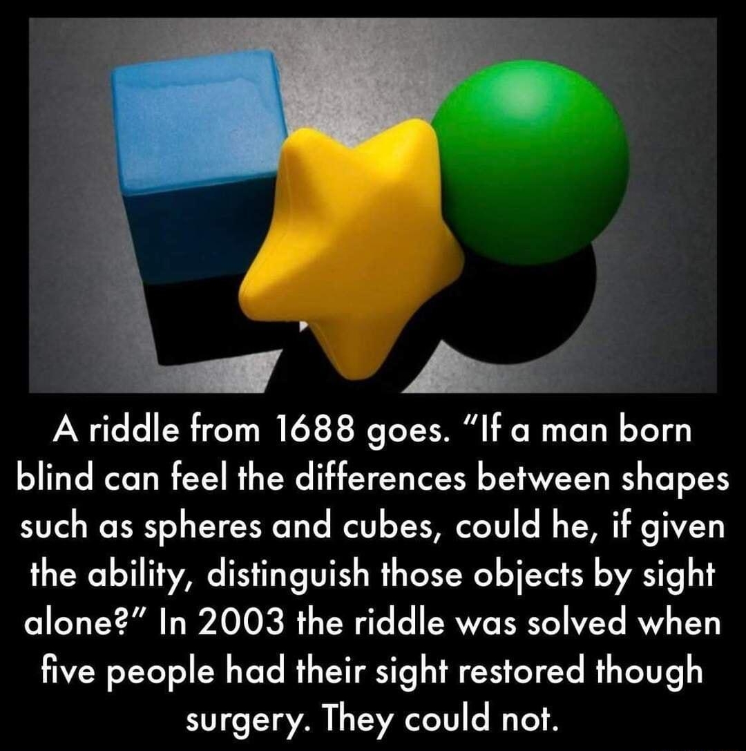 A riddle from 1688 goes If a man born blind can feel the differences between shapes such as spheres and cubes could he if given RT3 TS T T TV YooY Y B VAT IR WAV O R T WyTe fo SRV TR Ye Yo RV TV five people had their sight restored though surgery They could not