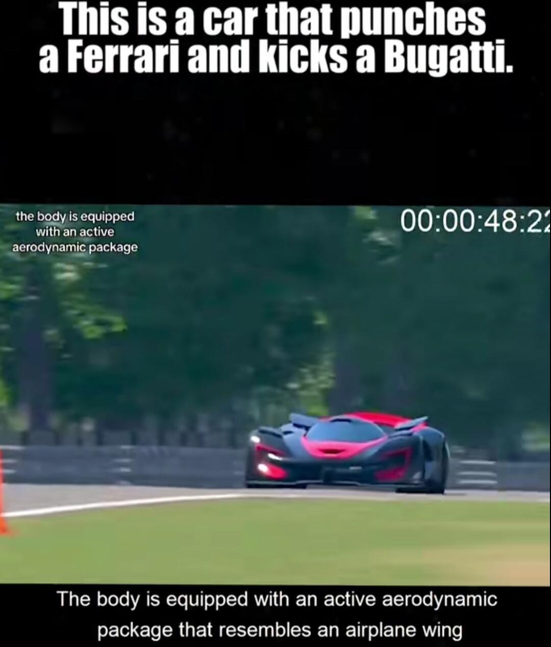 This is a car that punches a Ferrari and kicks a Bugatti. The body is equipped with an active aerodynamic package that resembles an airplane wing.