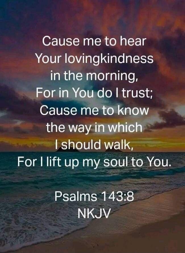 Cause me to hear Your lovingkindness in the morning, For in You do I trust; Cause me to know the way in which I should walk, For I lift up my soul to You. Psalms 143:8 NKJV