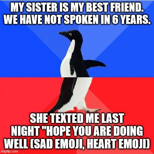 MY SISTER IS MY BEST FRIEND WE HAVE NOT SPOKEN IN 6 YEARS SHE TEXTED MELAST NIGHT HOPE YOUARE DOING WELL SAD EMOJI HEART EMOJI