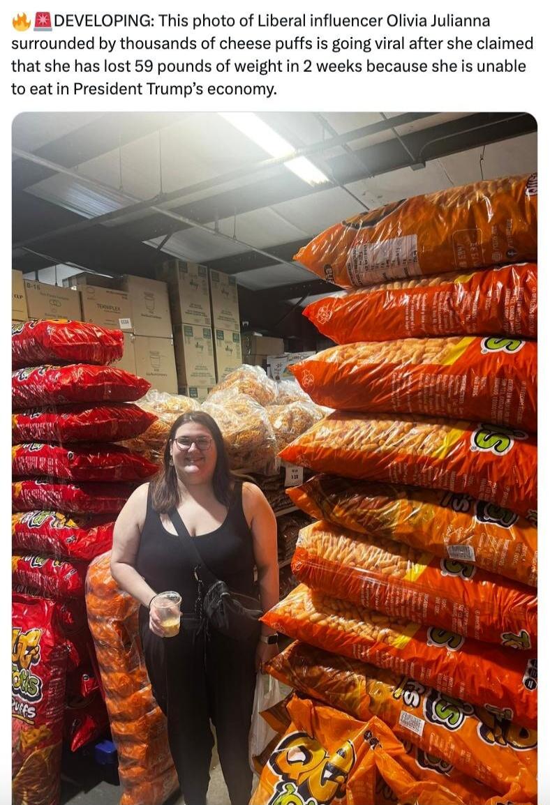 W BADEVELOPING This photo of Liberal influencer Olivia Julianna surrounded by thousands of cheese puffs is going viral after she claimed that she has lost 59 pounds of weight in 2 weeks because she is unable to eatin President Trumps economy