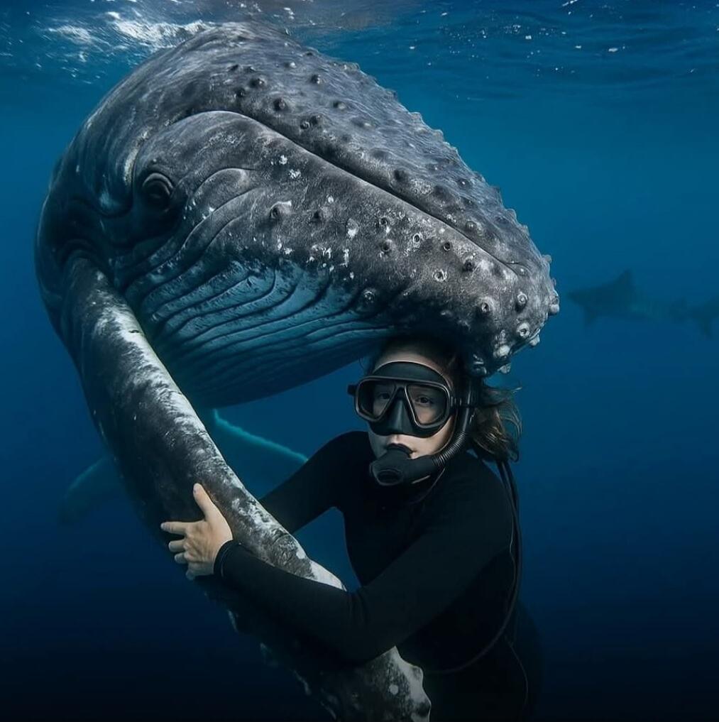 A diver snorkels underwater beside a large whale shark, holding onto its fin.
