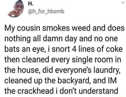 H h_for_hbomb My cousin smokes weed and does nothing all damn day and no one bats an eye i snort 4 lines of coke then cleaned every single room in the house did everyones laundry cleaned up the backyard and IM the crackhead i dont understand