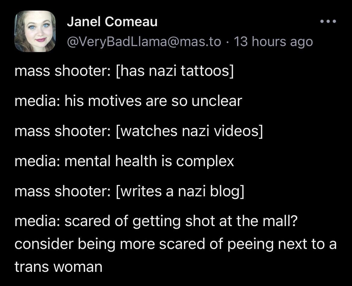 l Janel Comeau v VeryBadLlamamasto 13 hours ago UERRSTo el el E EPARETi e 0l media his motives are so unclear mass shooter watches nazi videos media mental health is complex IUEEEES ToTel Il W O R VAR o oe media scared of getting shot at the mall consider being more scared of peeing next to a trans woman