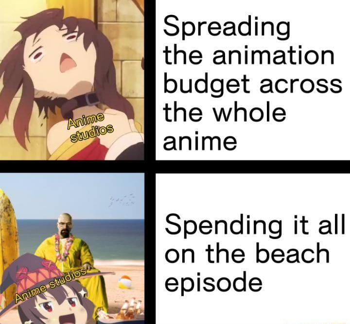 Spreading the animation budget across the whole anime Spending it all on the beach episode