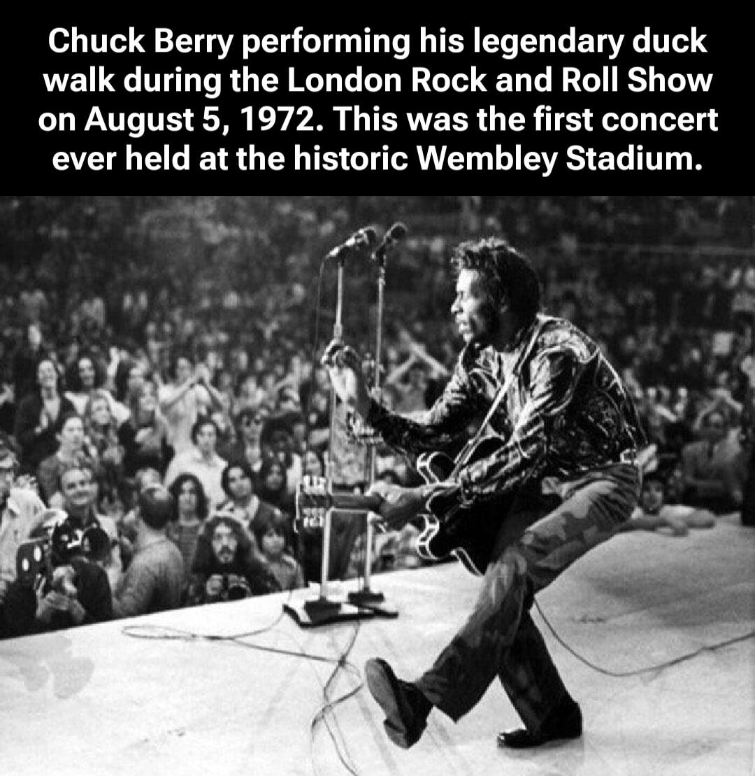 Chuck Berry performing his legendary duck walk during the London Rock and Roll Show on August 5, 1972. This was the first concert ever held at the historic Wembley Stadium.
Session ID: 1083537.