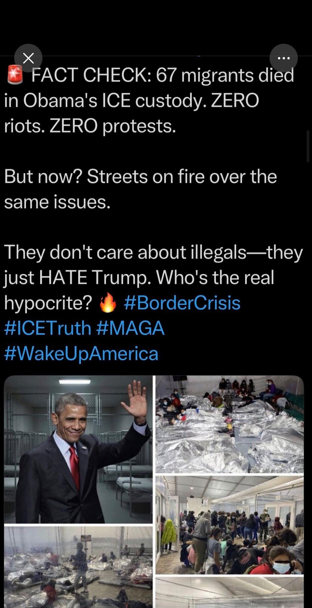 FACT CHECK: 67 migrants died in Obama's ICE custody. ZERO riots. ZERO protests. But now? Streets on fire over the same issues. They don't care about illegals—they just HATE Trump. Who's the real hypocrite? 🔥 #BorderCrisis #ICEtruth #MAGA #WakeUpAmerica