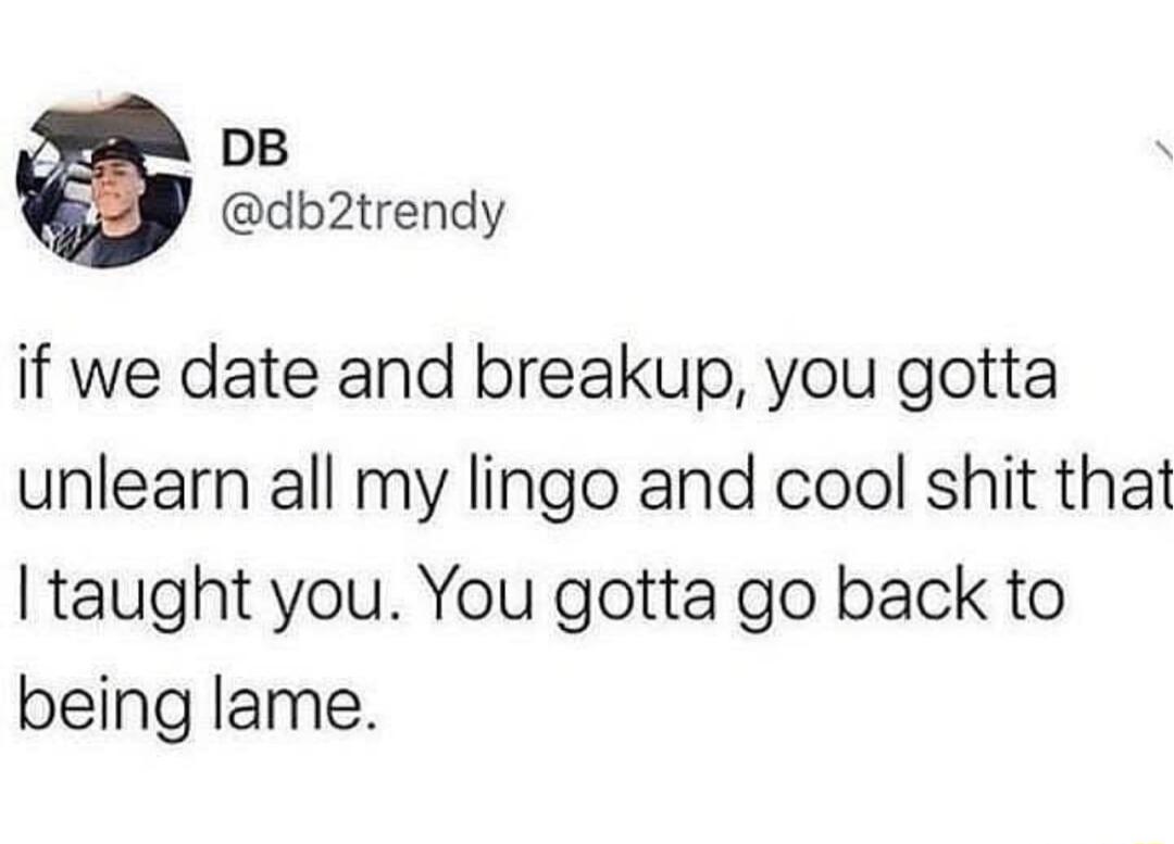 DB db2trendy if we date and breakup you gotta unlearn all my lingo and cool shit that taught you You gotta go back to being lame