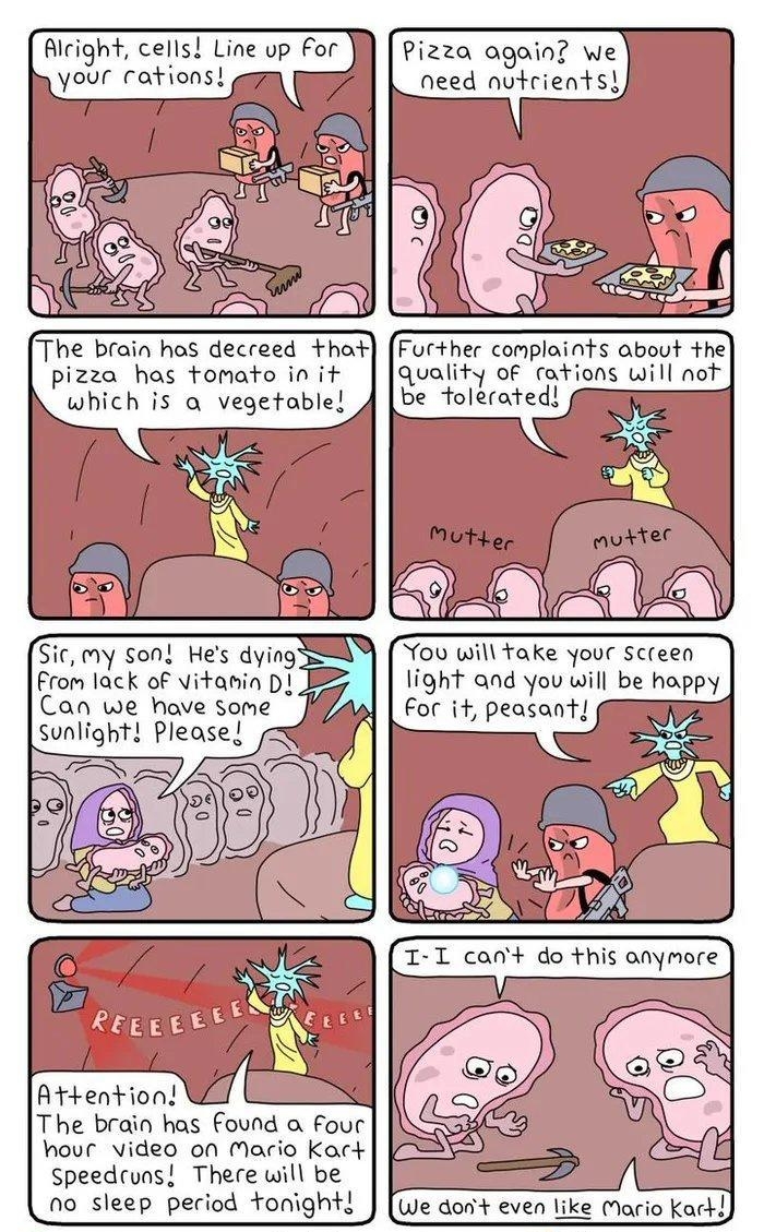 Pizza again we need nutrients Aicight cells Line up For I your cations 7 The brain hos decreed That pizza has tomato in it which is a vegetable Forther complaints about the quality of fations will not be tolerated e Sic my So0 Hes dying From lack of vitamin DI Can we have some sunlight Please You will fake your screen light and you will be hoppy For i peasant Atention S The brain has found a Four 