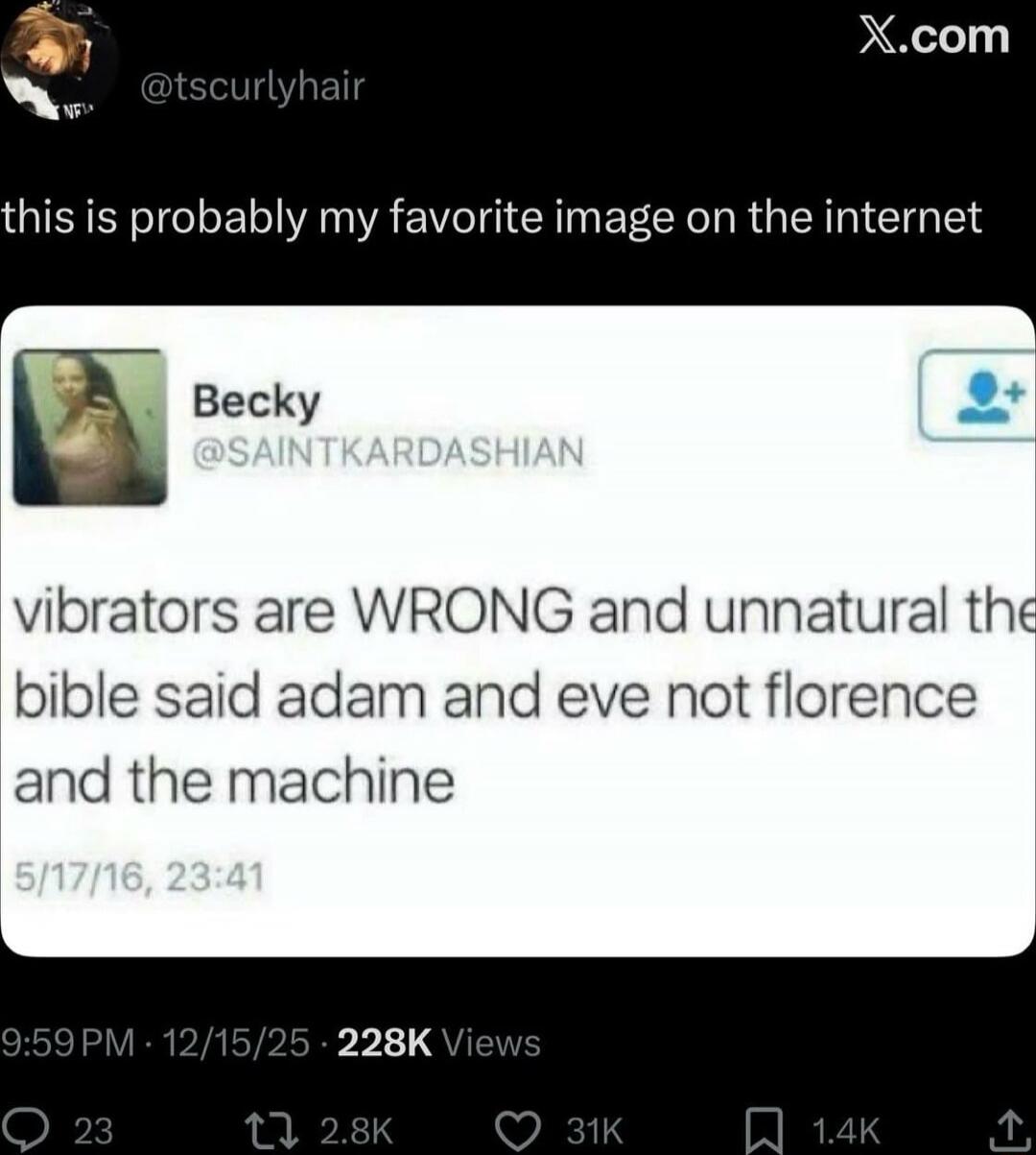 this is probably my favorite image on the internet
Becky @SAINTKARDASHIAN vibrators are WRONG and unnatural the bible said adam and eve not florence and the machine