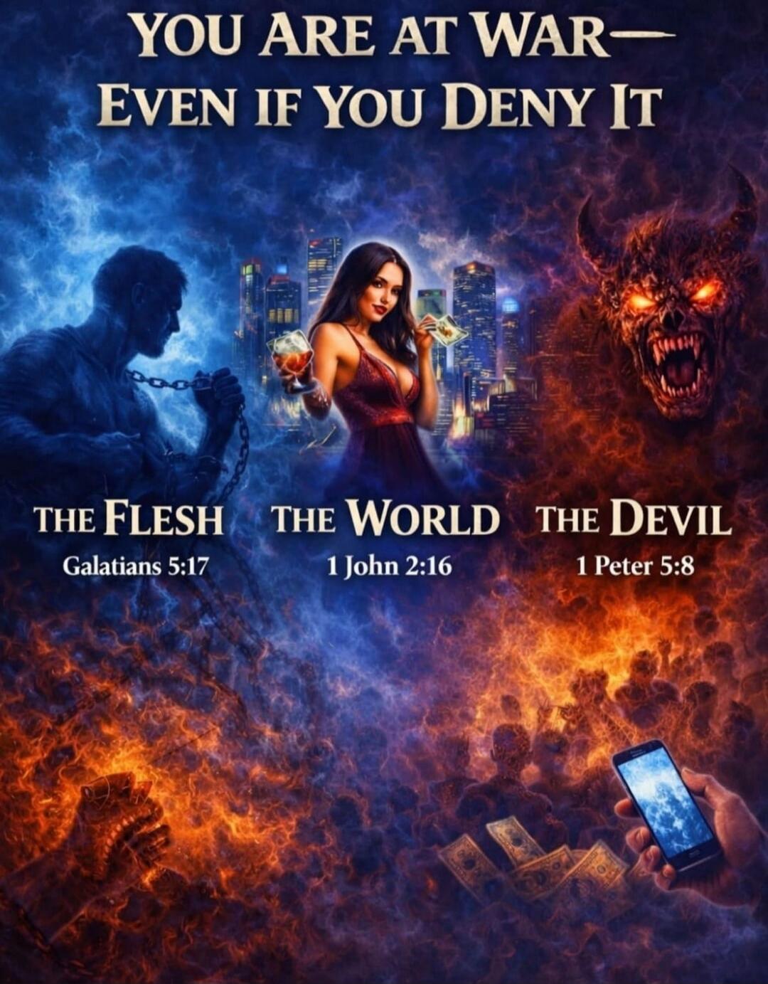 YOU ARE AT WAR— EVEN IF YOU DENY IT

THE FLESH  The World  The Devil
Galatians 5:17  1 John 2:16  1 Peter 5:8