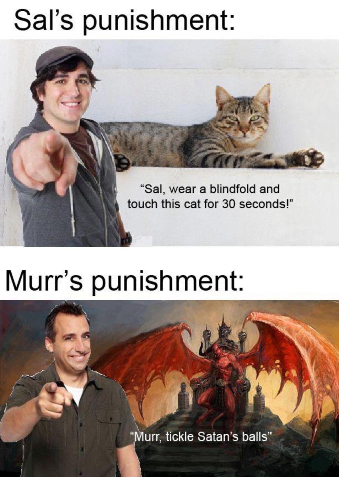 Sals punishment Sal wear a blindfold and touch this cat for 30 seconds Murr tickle Satans balls