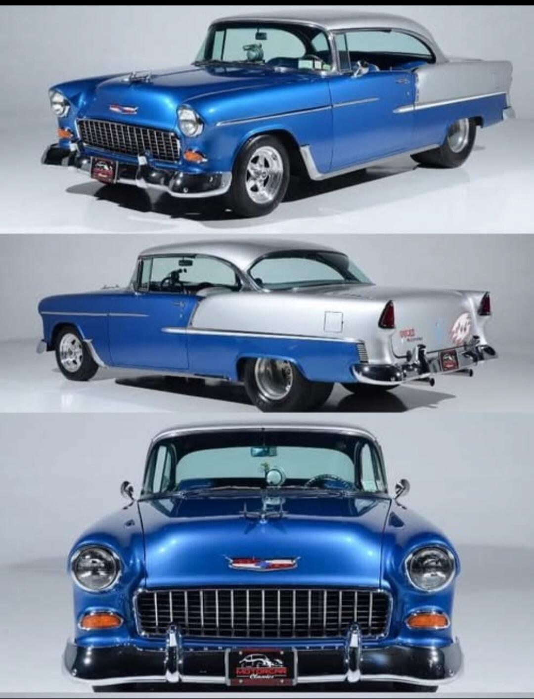 A classic blue and silver Chevrolet Bel Air, likely a 1955 model, shown from three different angles: front-side, rear-side, and direct front. The car is in excellent condition, featuring chrome accents and custom wheels. A license plate frame reads 'MOTORCAR Classics'.
