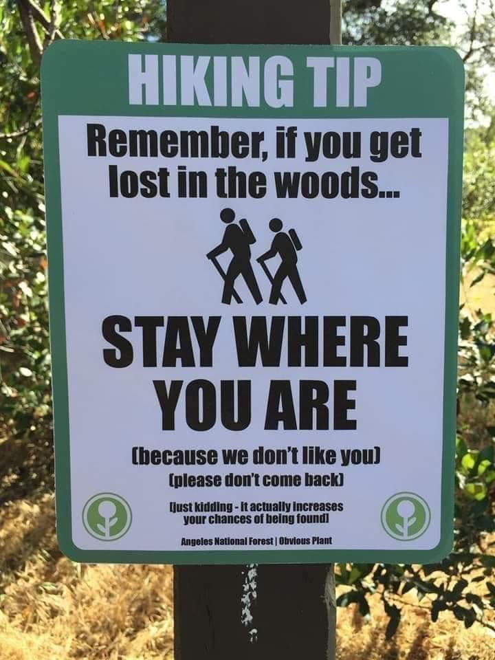 e L HIKING TIP o Remember if you get J lost in the woods A STAY WHERE YOU ARE because we dont like you please dont come back