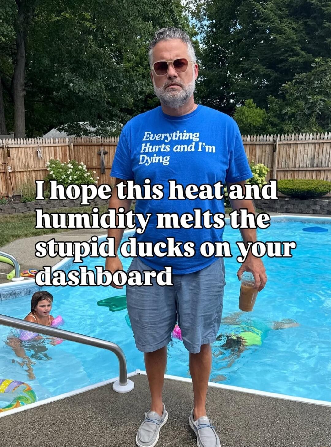 Everything Hurts and I'm Dying. I hope this heat and humidity melts the stupid ducks on your dashboard