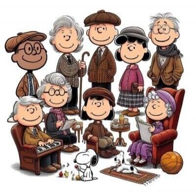 A cartoon illustration of a group of elderly people gathered together in a living room. Snoopy sits on the floor with Woodstock nearby, and everyone appears cheerful.
