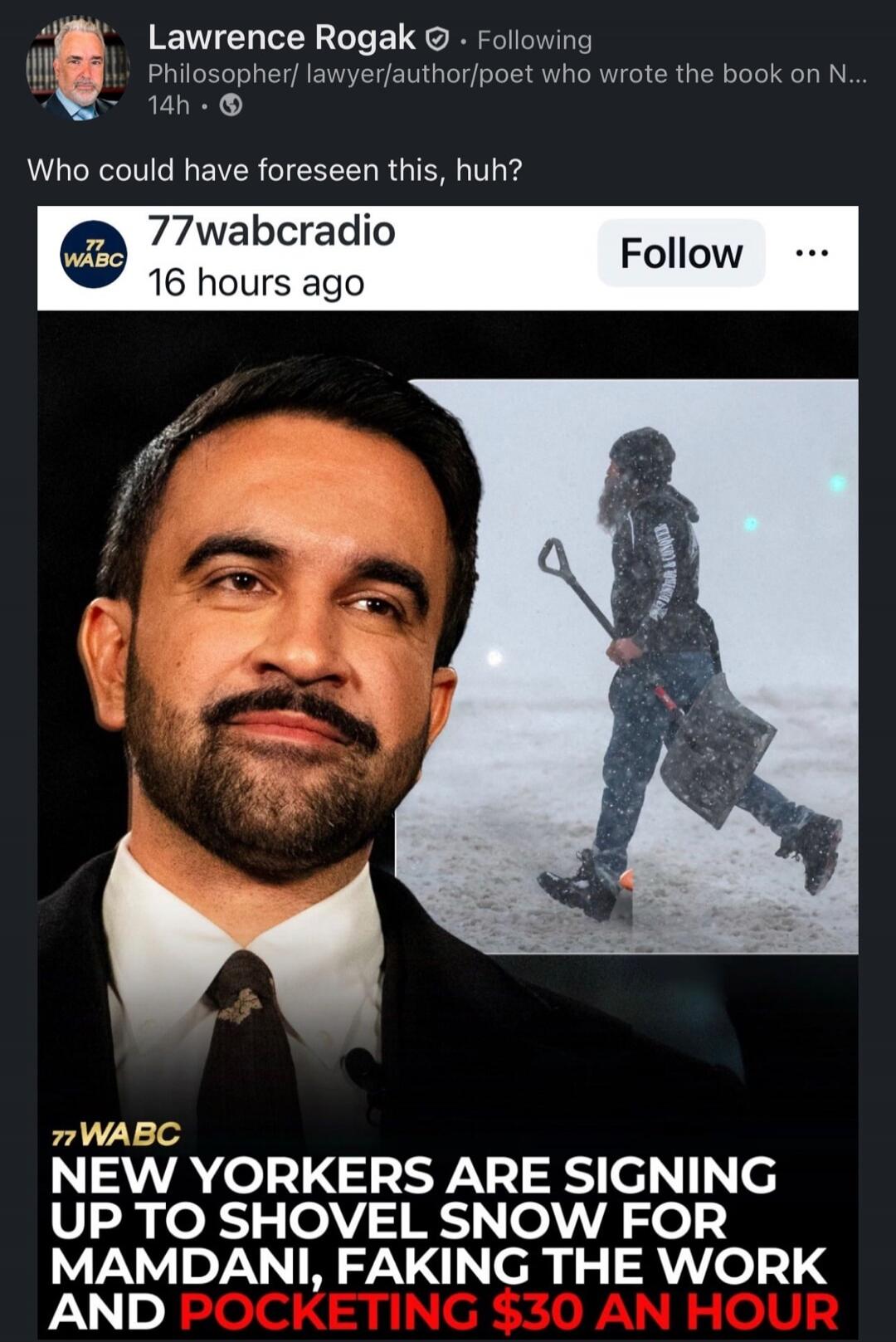 Who could have foreseen this, huh? 77WABC New Yorkers are signing up to shovel snow for Mamdani, faking the work and pocketing $30 an hour