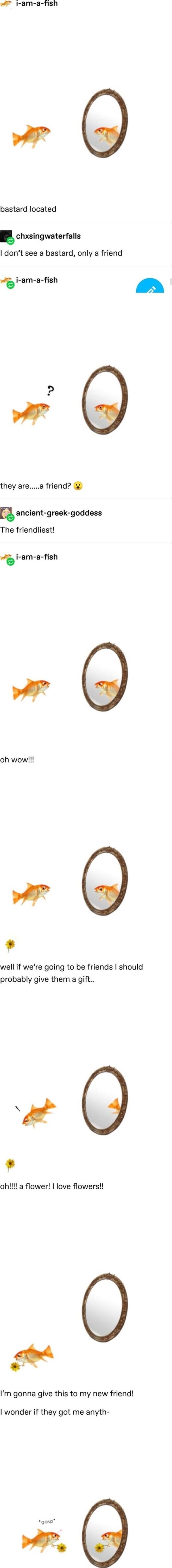 7 I am a fish Ll bastard located chxsingwaterfalls dont see a bastard only a friend I amsh oA they area friend ancient greek goddess The friendliest Iama sh oh wow LAl well if were going to be friends should probably give them a gift v oh a flower love flowers P Im gonna give this to my new friend wonder if they got me anyth gose