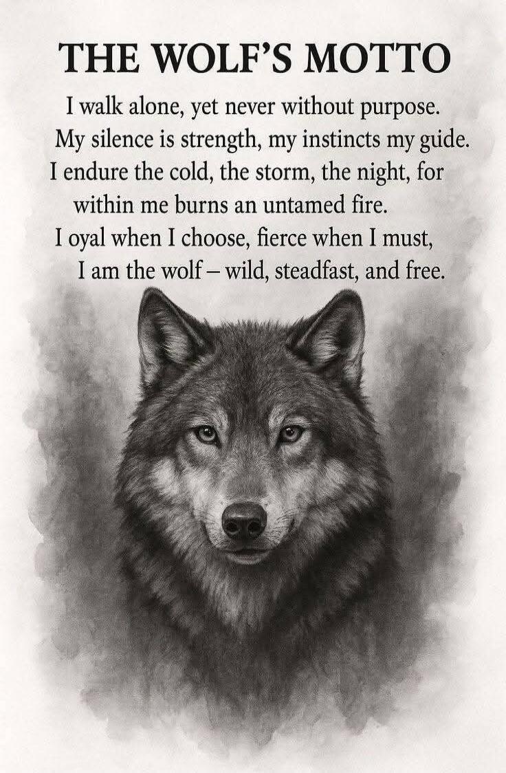 THE WOLF'S MOTTO

I walk alone, yet never without purpose.
My silence is strength, my instincts my guide.
I endure the cold, the storm, the night, for
within me burns an untamed fire.
I howl when I choose, fierce when I must,
I am the wolf – wild, steadfast, and free.