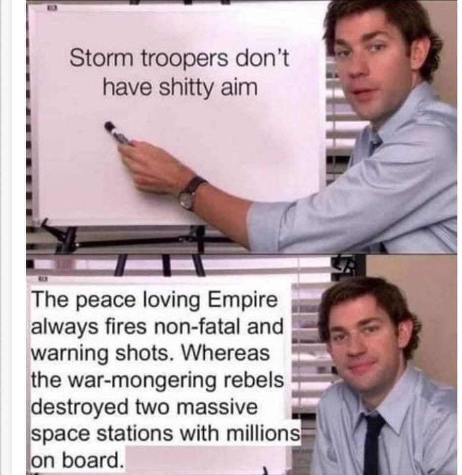 Storm troopers dont have shitty aim The peace loving Empire always fires non fatal and warning shots Whereas the war mongering rebels destroyed two massive space stations with million lon board