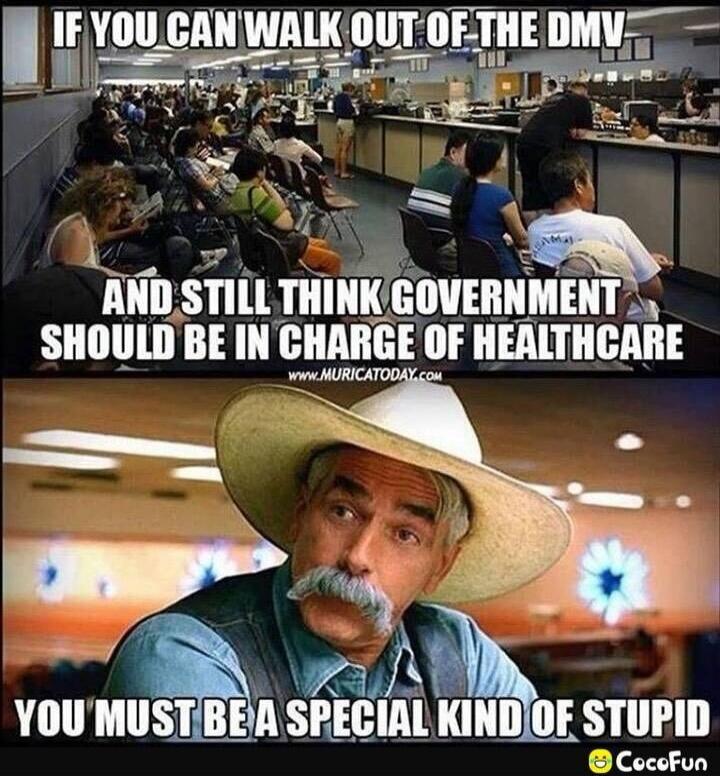 IF YOU CAN WALK OUT OF THE DMV AND STILL THINK GOVERNMENT SHOULD BE IN CHARGE OF HEALTHCARE YOU MUST BE A SPECIAL KIND OF STUPID