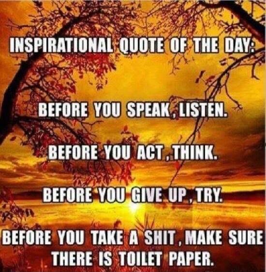 INSPIRATIONAL QUOTE OF THE DAY:
BEFORE YOU SPEAK, LISTEN.
BEFORE YOU ACT, THINK.
BEFORE YOU GIVE UP, TRY.
BEFORE YOU TAKE A SHIT, MAKE SURE THERE IS TOILET PAPER.