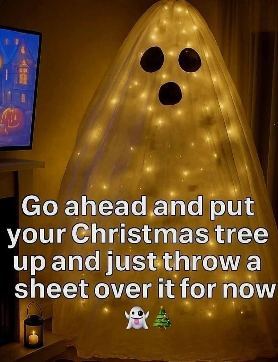 Go ahead and put your Christmas tree up and just throw a sheet over it for now 👻🎄