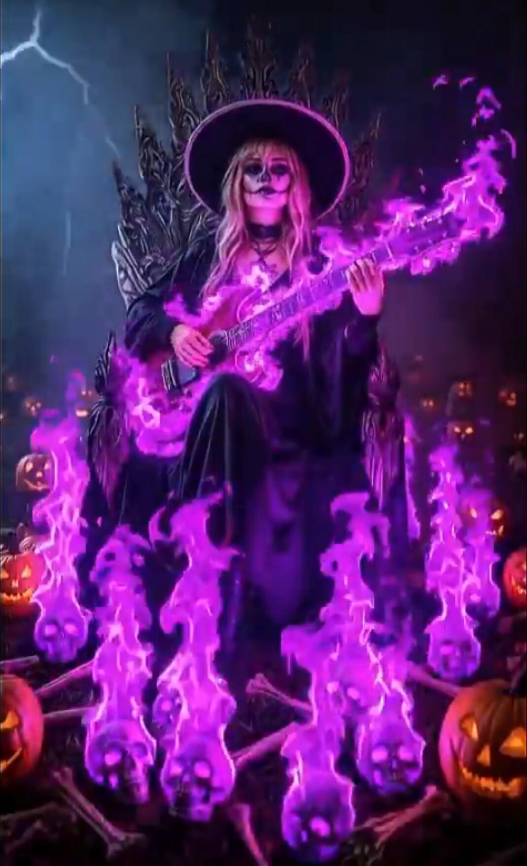 The image shows a Halloween witch in a black dress and large hat, sitting and playing a guitar surrounded by purple flame-like effects. Pumpkins with carved faces glow in the background under a dark, spooky scene.