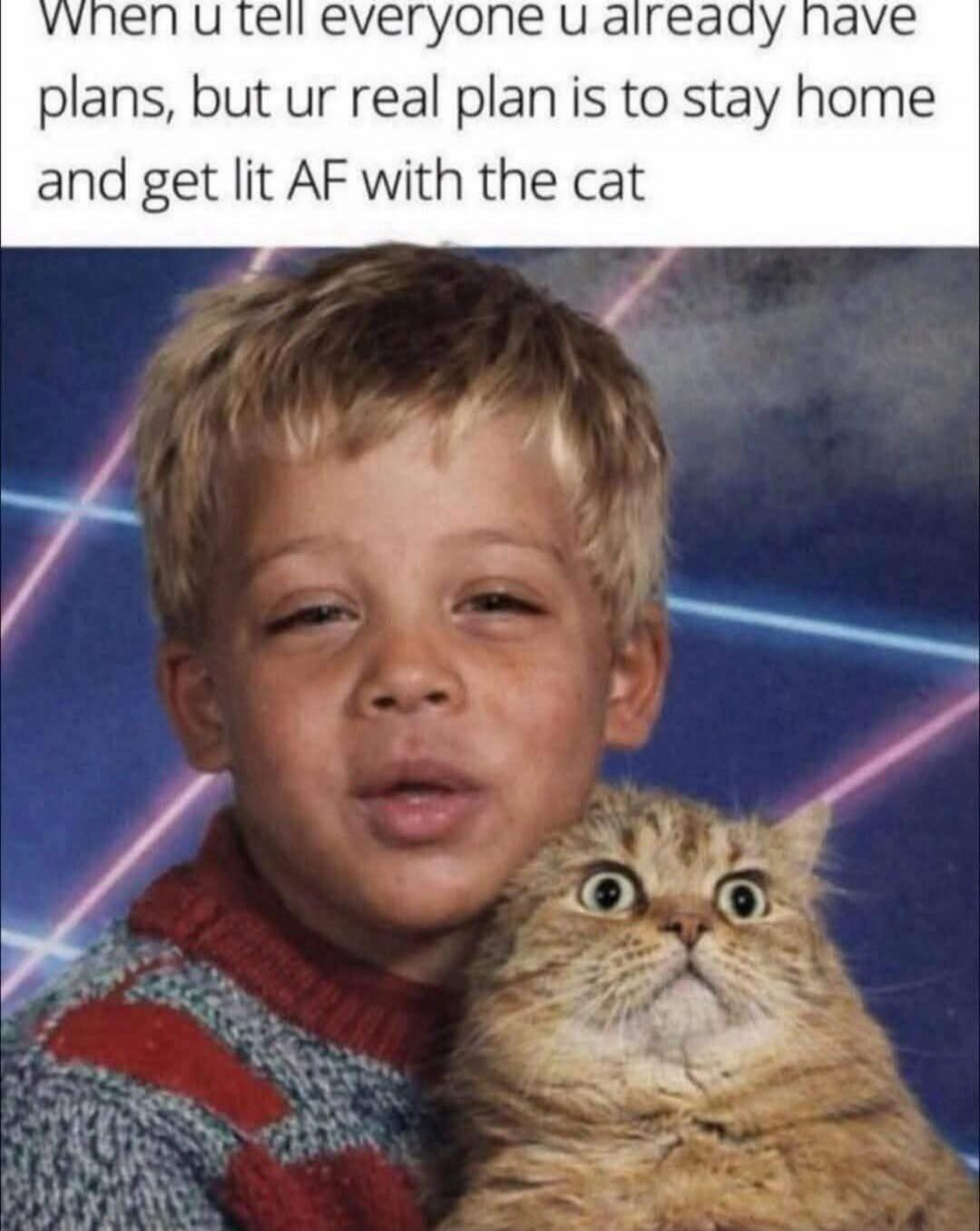 When u tell everyone u already have plans, but ur real plan is to stay home and get lit AF with the cat