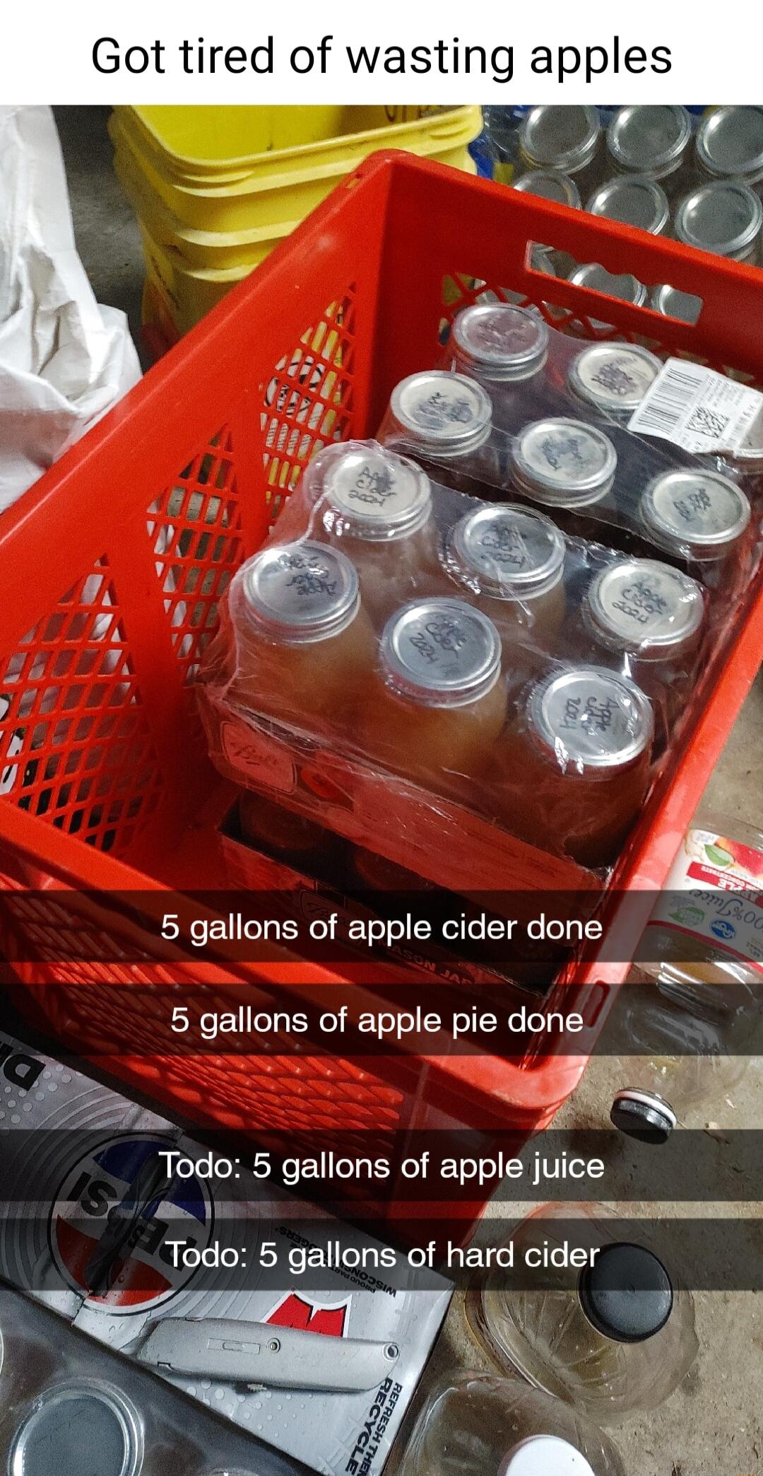 Got tired of wasting apples 5 gallons of apple cider done LA 5 gallons of apple pie done ST Todo 5 gallons of apple juice Sl N i Todo 5 gallonsof hard cider