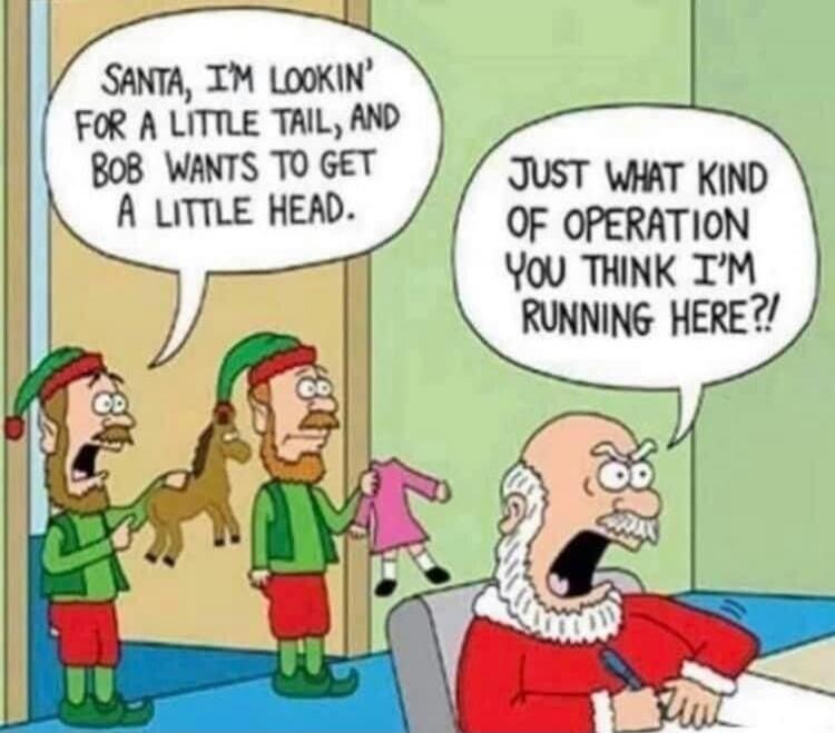 SANTA, I'M LOOKIN' FOR A LITTLE TAIL, AND BOB WANTS TO GET A LITTLE HEAD.
JUST WHAT KIND OF OPERATION YOU THINK I'M RUNNING HERE?!
